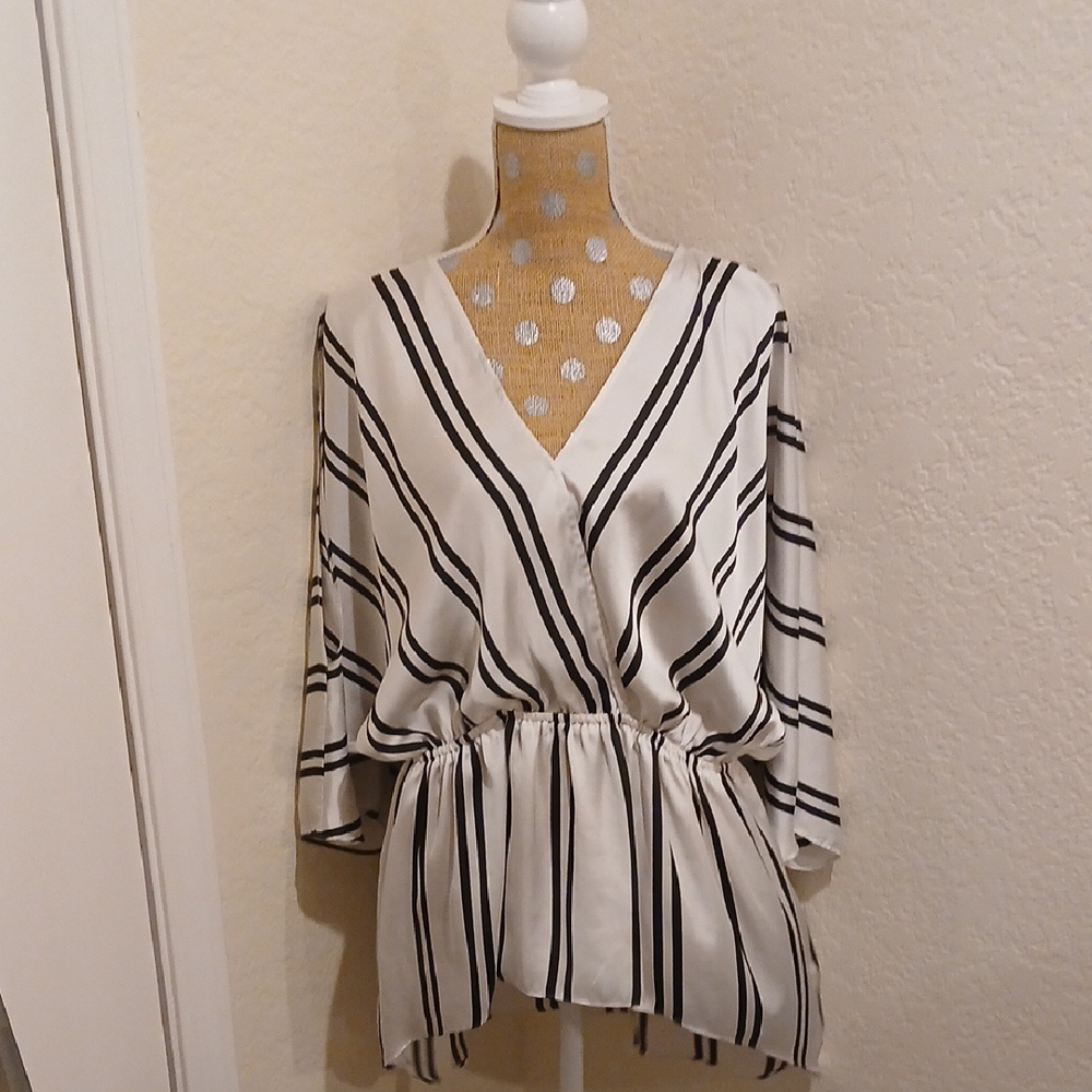 Satin White And Black Striped Top